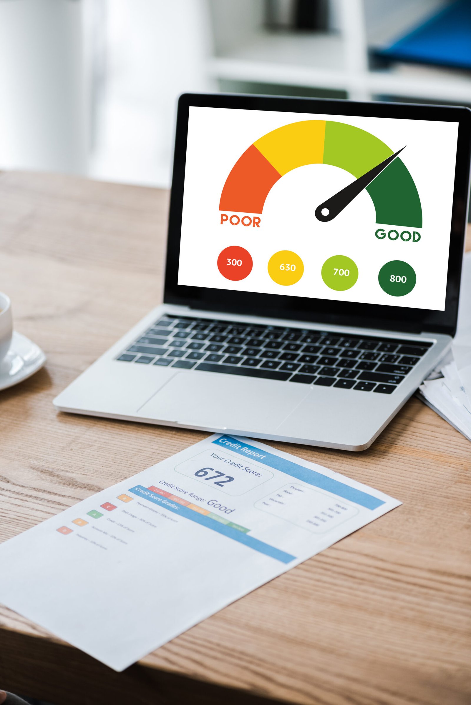 laptop with speed meter on screen near paper with credit report on desk